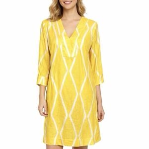 SOFT SURROUNDINGS Linen Shift Dress sz S Yellow & White Geometric Coastal Resort